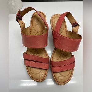 Born Amabel Salmon Pink Leather Wedge Sandals Heel Summer Womens Size 9